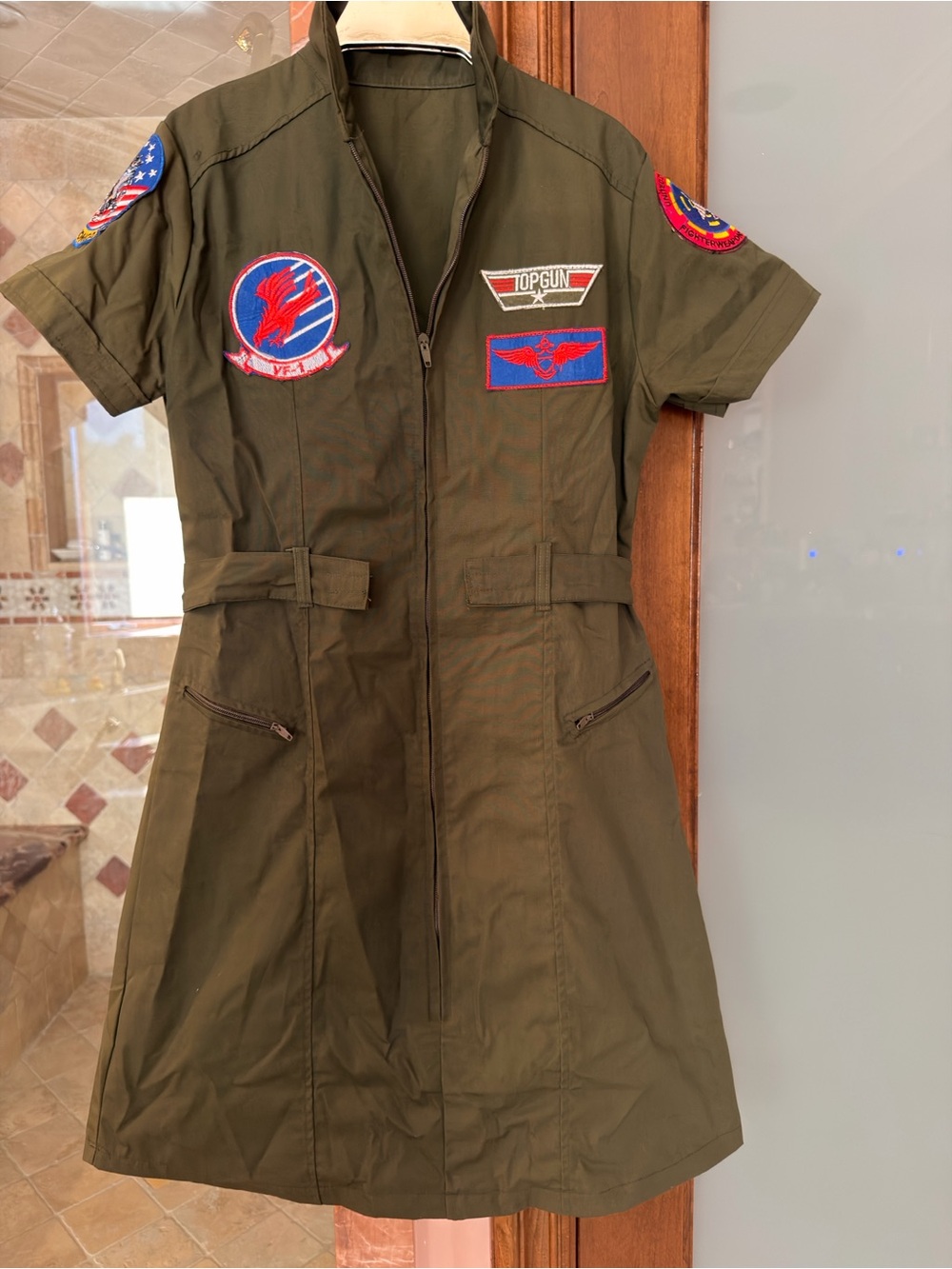 Women's Olive Green Patch-Detail Flight Jacket Dress - Style